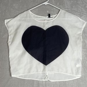 Divided H&M Cropped White Blouse Black Heart Dress Shirt Sleeveless Top Size 10
